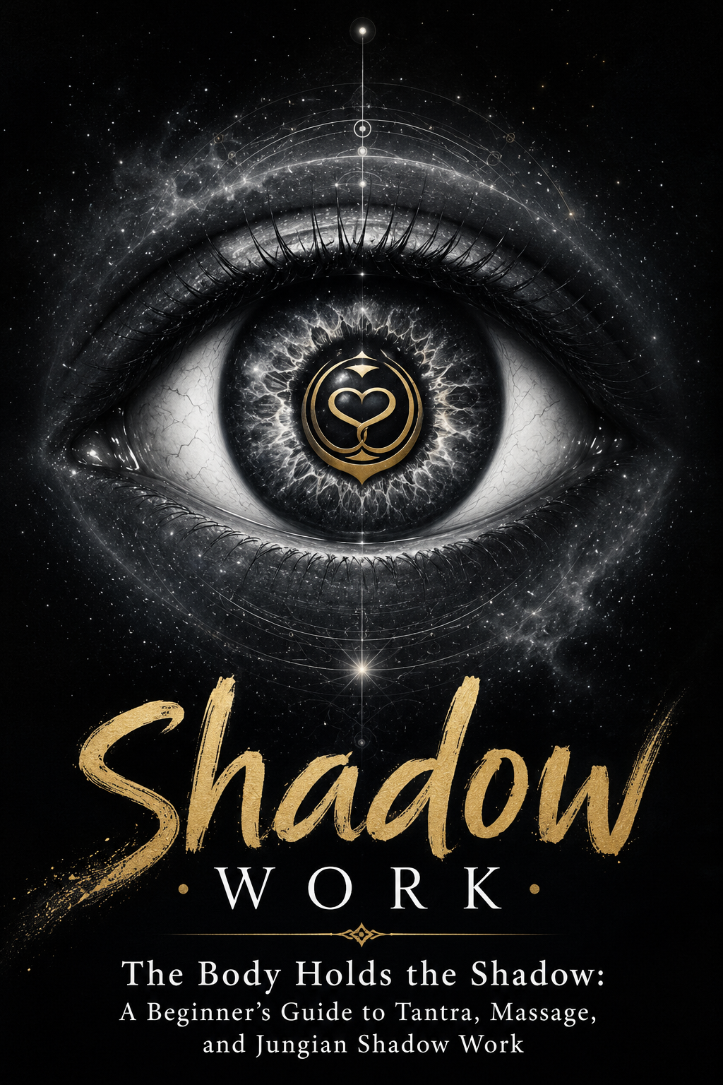 Black and white close-up of a mystical eye with a gold sacred geometry symbol at the center, surrounded by stars and cosmic light, with the words Shadow Work and article title below