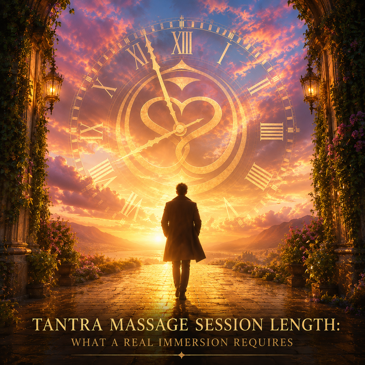 Tantra Massage Session Length: What a Real Immersion Requires A person walks a sunlit stone path toward a golden sunrise beneath a large ornate clock and a vine covered archway, evoking tantra massage session length and the unhurried nature of a real immersion.